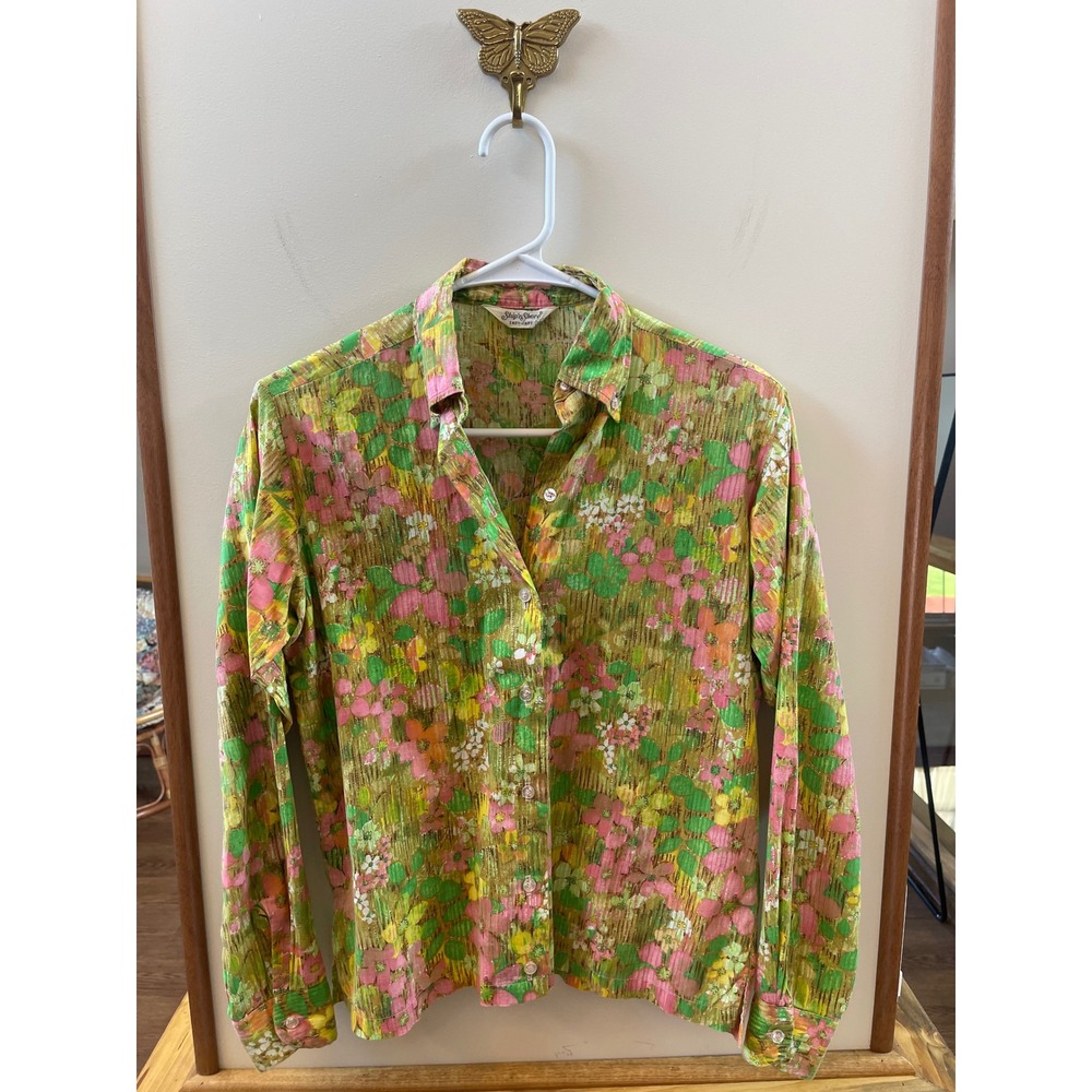 Vintage Ship n Shore Floral Button Down Blouse Green Pink Psychedelic 70s Mod